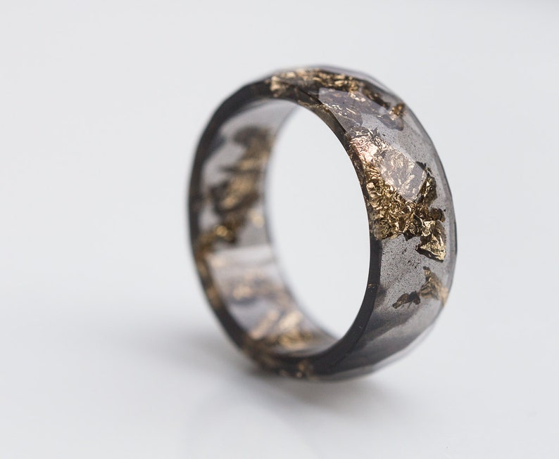 Black Resin Ring Men Ring Gold Flakes Big Size 10 Faceted Ring Etsy