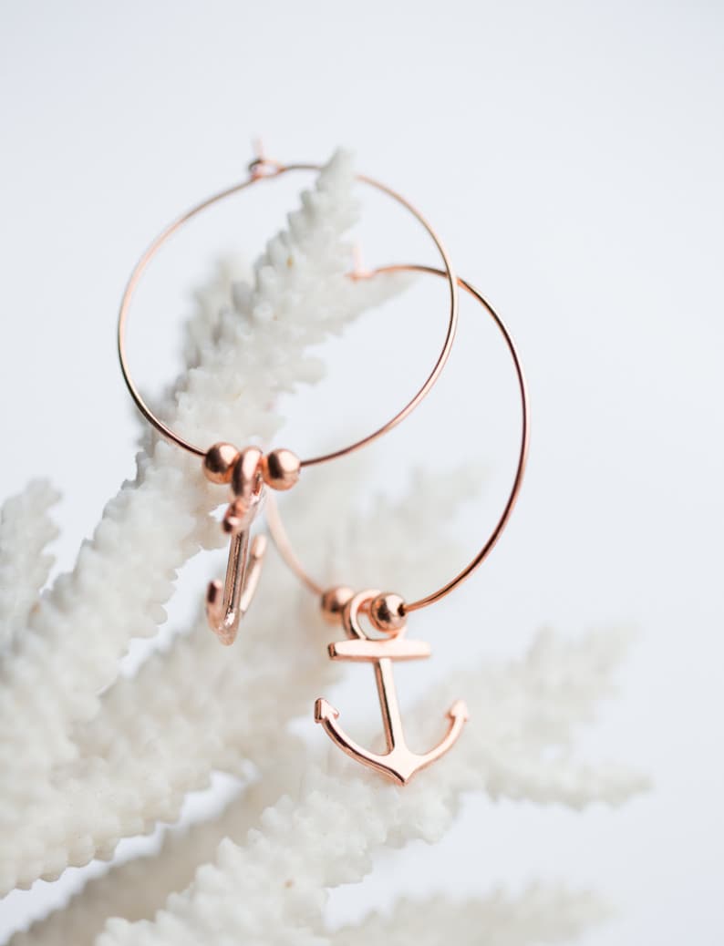 Anchor Hoops Earrings Rose Gold Brass Modern Nautical Jewelry Beach style minimal chic image 2