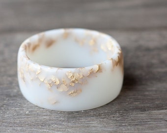 White Resin Bangle Gold Flakes Bracelet Milky Cream White Wide Cuff OOAK french vanilla wedding bridal jewelry