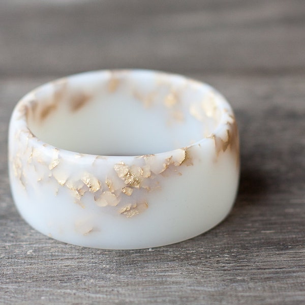 White Resin Bangle Gold Flakes Bracelet Milky Cream White Wide Cuff OOAK french vanilla autumn fall neutral rustic wedding bridal rusteam