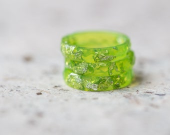 Lime Green Resin Ring Silver Stacking Ring Faceted Ring OOAK Neon Fresh Green