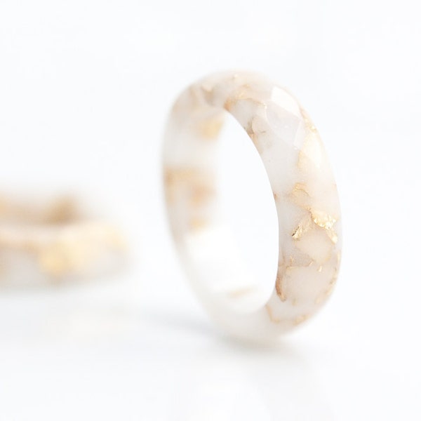 White Resin Stacking Ring Gold Flakes Small Faceted Ring OOAK french vanilla milk minimalist jewelry