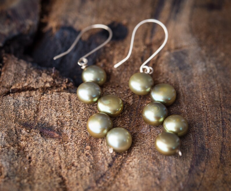 Willow Green Pearl Dangle Earrings 14K gold filled Olive Khaki bridesmaid jewelry weddings june birthstone image 4