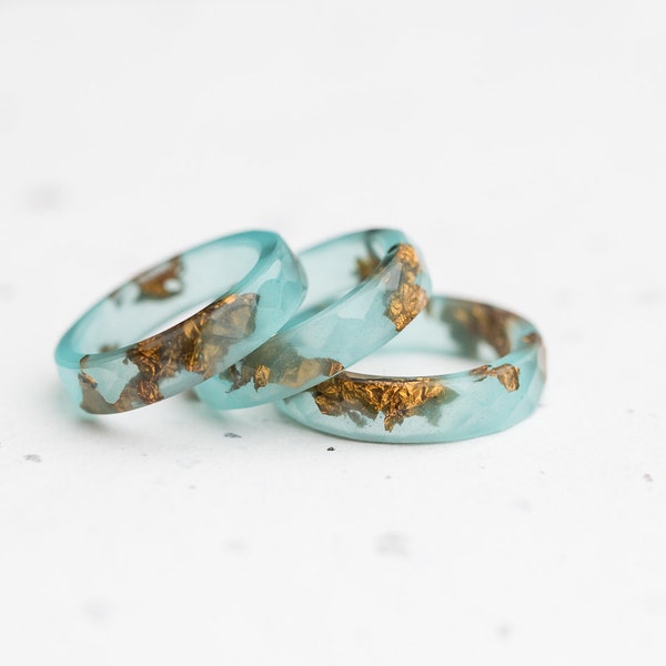 Mint Resin Ring Gold Flakes Small Faceted Stacking Ring OOAK pastel mint ring aqua brown minimalist jewelry