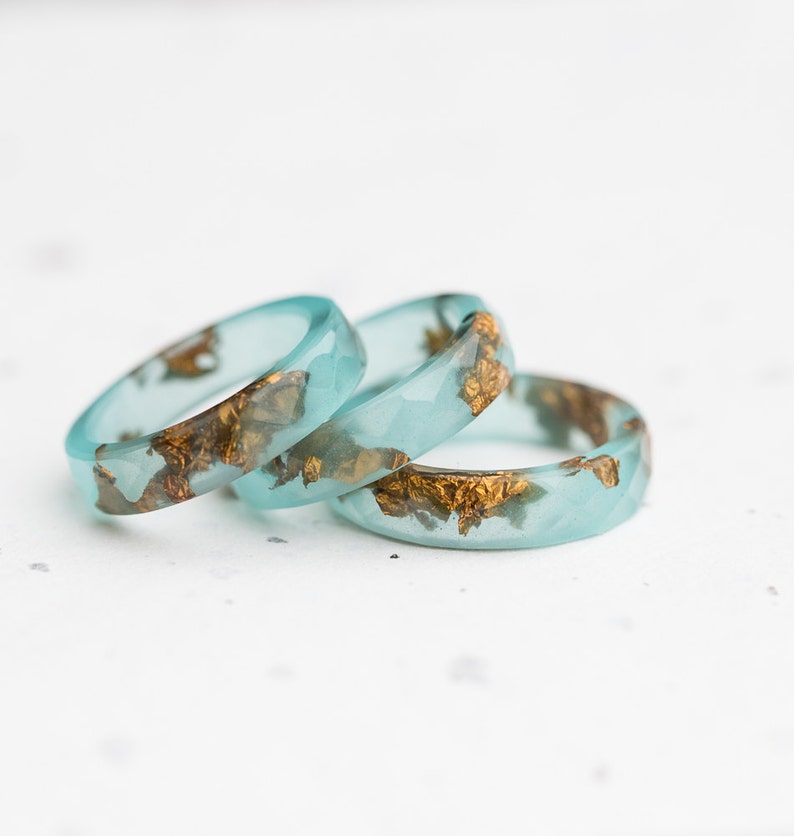 Mint Resin Ring Gold Flakes Small Faceted Stacking Ring OOAK pastel mint ring aqua brown minimalist jewelry image 1