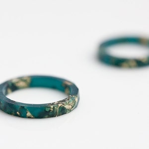 Teal Resin Stacking Ring Gold Flakes Thin Faceted Ring OOAK boho minimalist jewelry deep teal emerald image 2