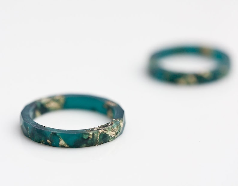 Teal Resin Stacking Ring Gold Flakes Thin Faceted Ring OOAK boho minimalist jewelry deep teal emerald image 2