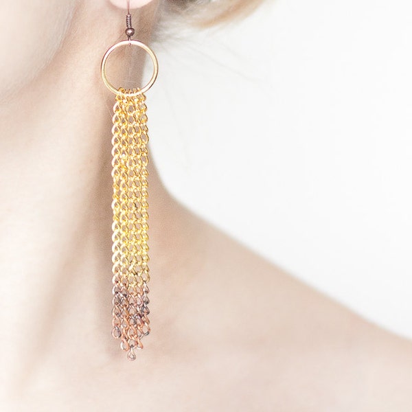 Long Ombre Statement Earrings Gold Chain Fringe modern jewelry