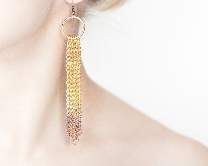 Long Ombre Statement Earrings Gold Chain Fringe modern jewelry image 1
