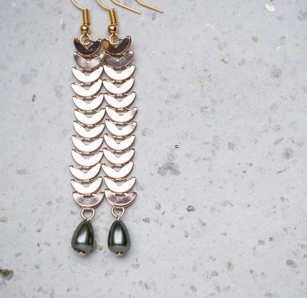 Long Dangle Gold Chain Earrings Khaki Drop Beads Boho Glam Etsy