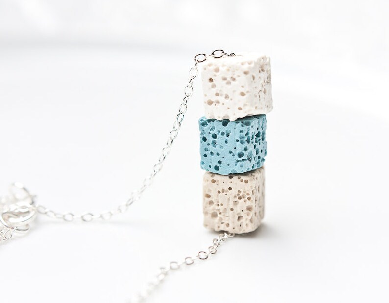 Necklace Lava Stone Cube Silver White Baby Blue Beige Modern Geometric Jewelry urban minimal chic image 4