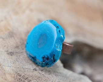 Blue Agate Geode Slice Ring Adjustable Statement Cocktail Ring OOAK blue turquoise