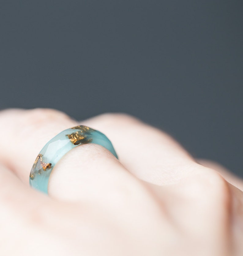 Mint Resin Ring Gold Flakes Small Faceted Stacking Ring OOAK pastel mint ring aqua brown minimalist jewelry image 4