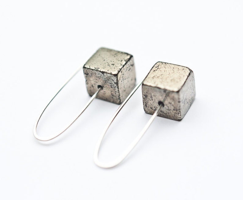 Modern Hook Earrings Argentuim Sterling Silver Golden Pyrite Cube Handmade Urban Minimalism Geometric Jewelry minimal chic image 3