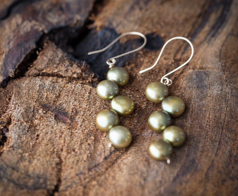 Willow Green Pearl Dangle Earrings 14K gold filled Olive Khaki bridesmaid jewelry weddings june birthstone image 2