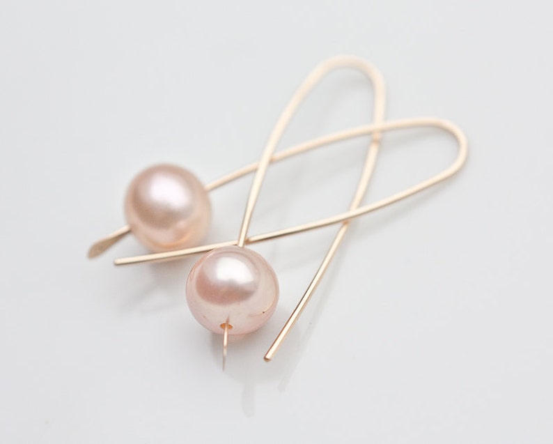 Modern Simple Earrings 14K Goldfilled Pastel Pearls Tea Rose Peach image 4