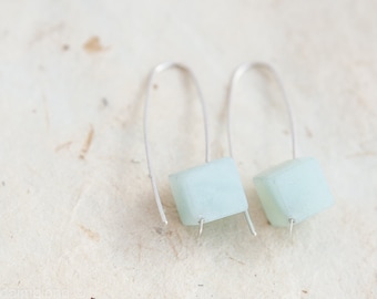 Modern Hook Earrings Mint Amazonite Cube Argentium Sterling silver Geometric Jewelry pastel minimalist