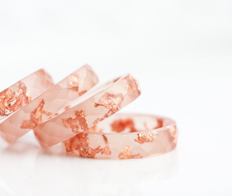 Peach Resin Stacking Ring Rose Gold Flakes Small Faceted Ring OOAK minimalist jewelry image 4