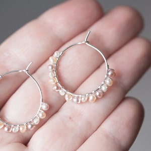 Hoop Earrings Pastel Pearls Argentium Sterling Silver peach june birthstone bridal fashion image 9