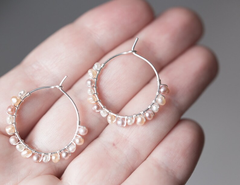 Hoop Earrings Pastel Pearls Argentium Sterling Silver peach june birthstone bridal fashion image 9