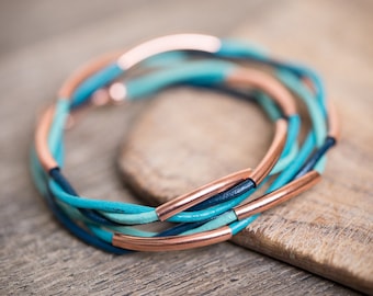 Rose Gold Mint Teal Turquoise Blue Double Wrap Bracelet Braided Leather Modern beach jewelry
