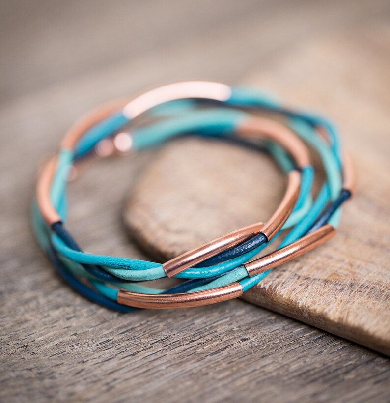 Rose Gold Mint Teal Turquoise Blue Double Wrap Bracelet Braided Leather Modern beach jewelry image 1