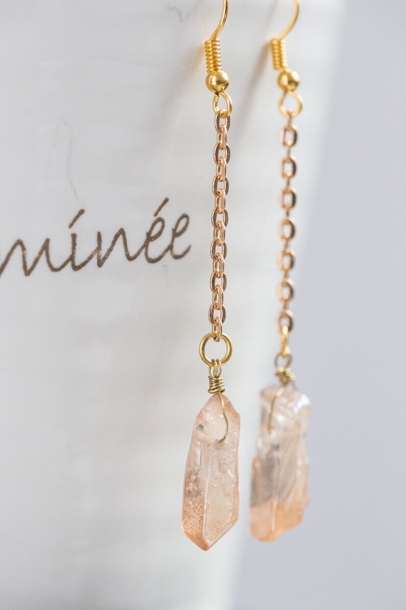 Long Dangle Mystic Peach Quartz Pendulum Earrings Champagne Apricot image 5