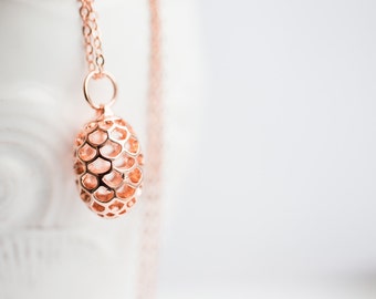 Rose Gold Pinecone Necklace: Hollow Boho Pendant, Minimalist Jewelry