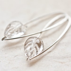 Modern Earrings Argentuim Sterling silver Crystal Quartz Carved Leaf Bridesmaid Wedding Fashion Simple Minimalist