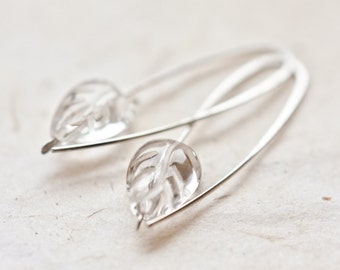 Modern Earrings Argentuim Sterling silver Crystal Quartz Carved Leaf Bridesmaid Wedding Fashion Simple Minimalist