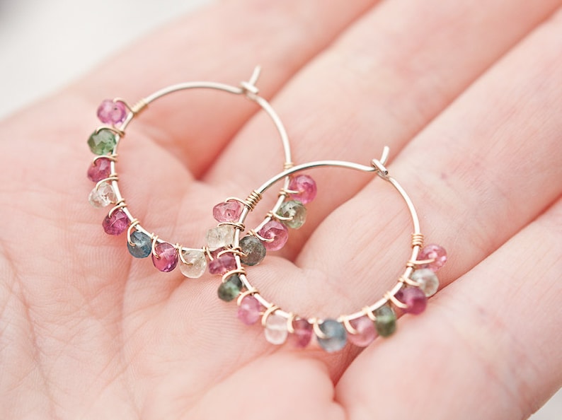 Hoop Earrings Rainbow Tourmaline Luxury 14K Gold wire wrapped beaded hoops watermelon tourmaline multicolor image 5