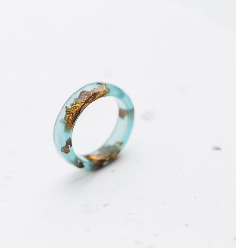 Mint Resin Ring Gold Flakes Small Faceted Stacking Ring OOAK pastel mint ring aqua brown minimalist jewelry image 2