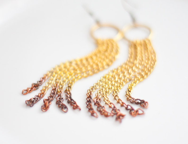 Long Ombre Statement Earrings Gold Chain Fringe modern jewelry image 5