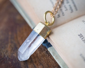 Crystal Quartz Point Pendant Long Spike Gold Dipped Necklace Healing jewelry