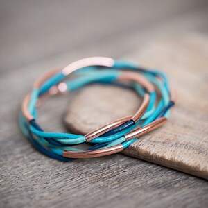 Rose Gold Mint Teal Turquoise Blue Double Wrap Bracelet Braided Leather Modern beach jewelry image 4