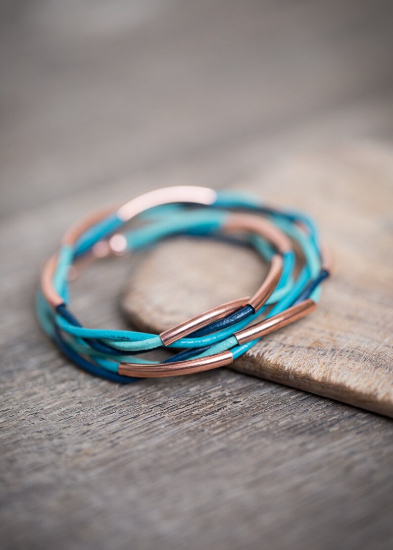 Rose Gold Mint Teal Turquoise Blue Double Wrap Bracelet Braided Leather Modern beach jewelry image 4