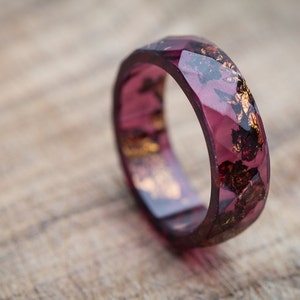 Deep Purple Resin Ring Men Ring Copper Gold Flakes Big size 10 Faceted Ring OOAK dark burgundy acai geometric jewelry