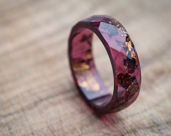 Deep Purple Resin Ring Men Ring Copper Gold Flakes Big size 10 Faceted Ring OOAK dark burgundy acai geometric jewelry