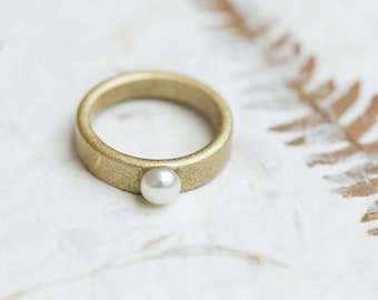 White Pearl Gemstone Resin Ring Gold Stacking smooth Ring OOAK hypoallergenic ring June birthstone