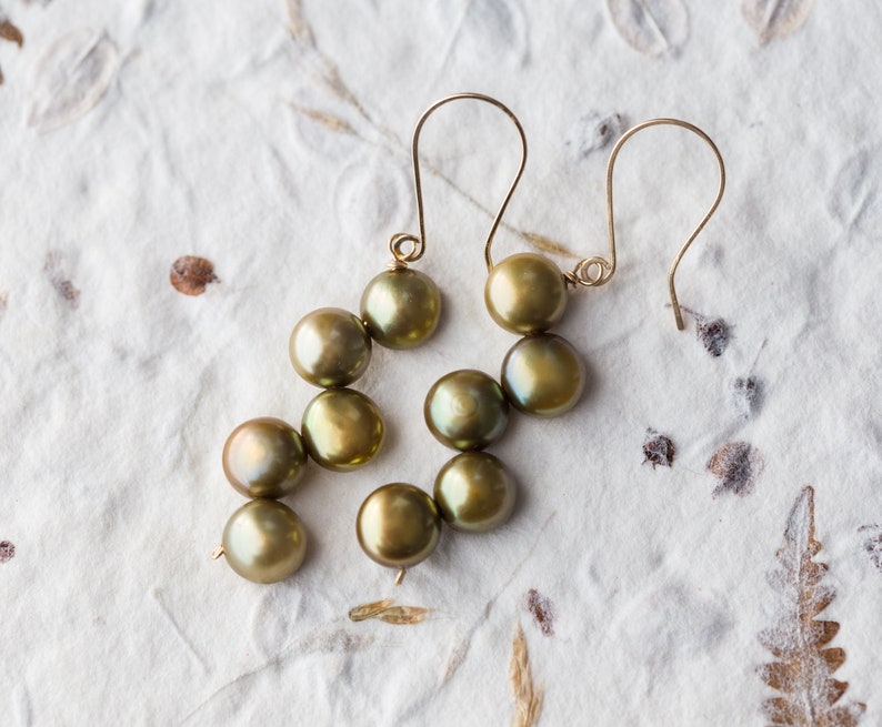 Willow Green Pearl Dangle Earrings 14K gold filled Olive Khaki bridesmaid jewelry weddings june birthstone image 5