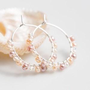 Hoop Earrings Pastel Pearls Argentium Sterling Silver peach june birthstone bridal fashion image 6