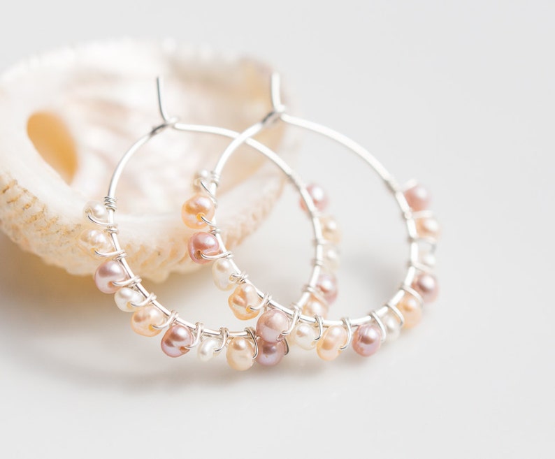 Hoop Earrings Pastel Pearls Argentium Sterling Silver peach june birthstone bridal fashion image 6