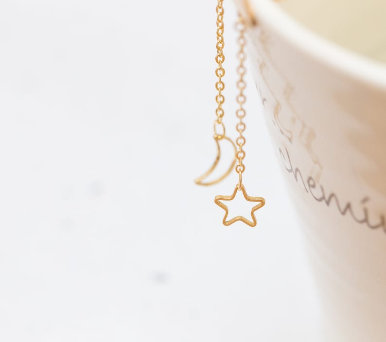 Moon and Star Long Dangle Earrings Celestial Jewelry 18K goldplated image 1