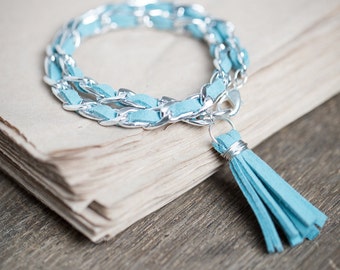 Double Wrap Tassel Bracelet Silver Chain Mint Turquoise Braided Suede Modern Boho jewelry