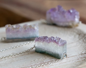 Raw Amethyst Geode Necklace Druzy Slice Pendant Gold Silver February Birthstone Healing Jewelry