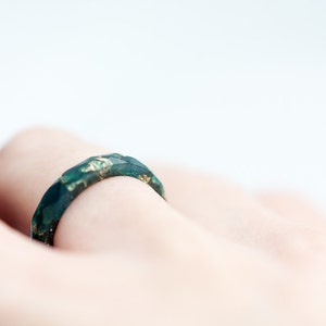 Teal Resin Stacking Ring Gold Flakes Thin Faceted Ring OOAK boho minimalist jewelry deep teal emerald image 4