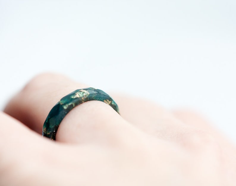 Teal Resin Stacking Ring Gold Flakes Thin Faceted Ring OOAK boho minimalist jewelry deep teal emerald image 4