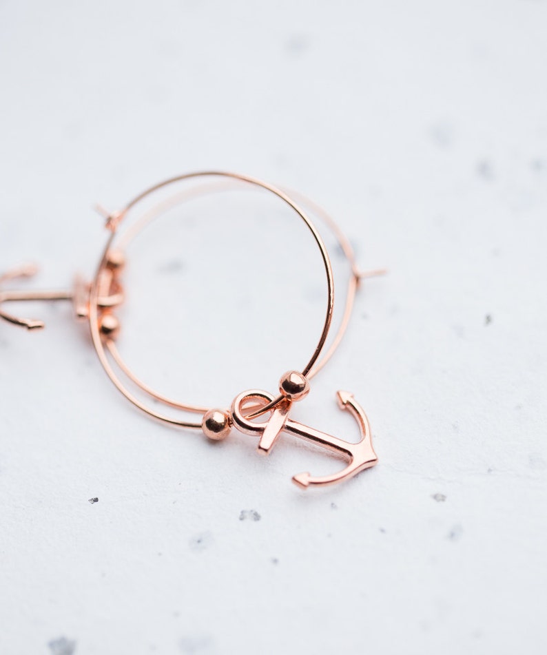 Anchor Hoops Earrings Rose Gold Brass Modern Nautical Jewelry Beach style minimal chic image 3