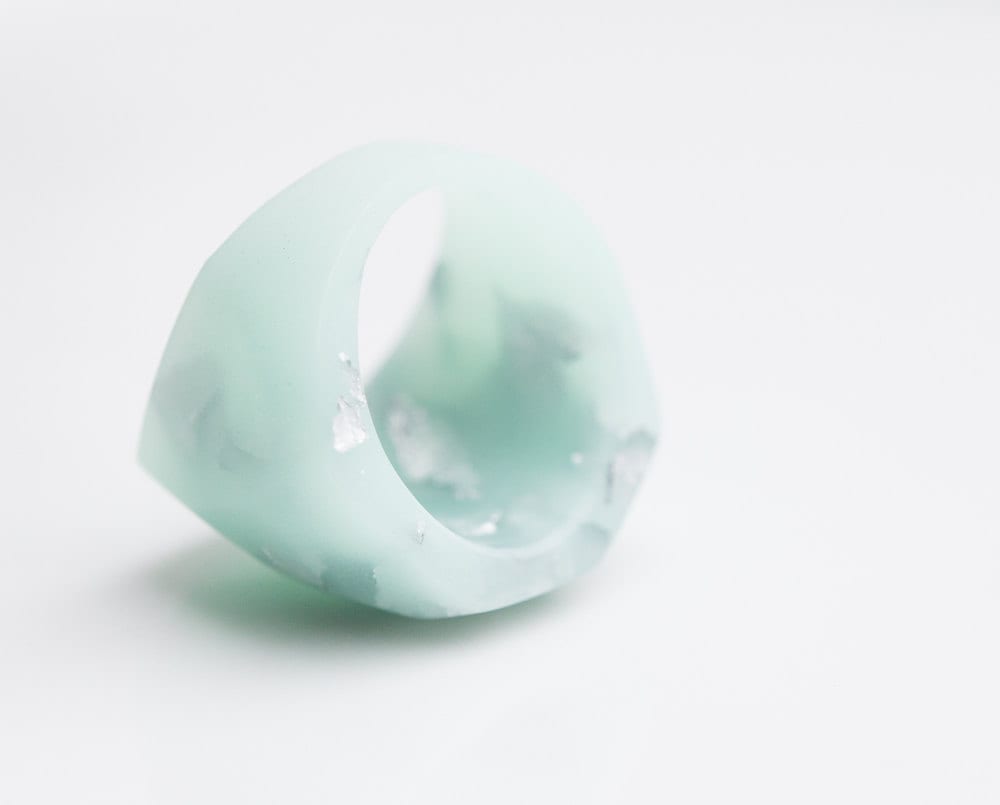 Pastel Mint Resin Ring Silver Flakes Statement Cocktail Etsy
