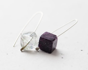 Mismatch Modern Earrings Fluorite Cube Black White Bicolor Argentium Sterling silver Geometric Jewelry